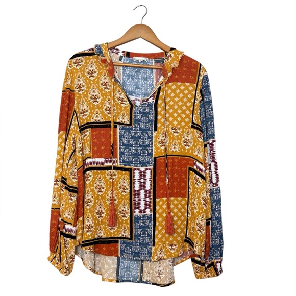 cloth & portrait Tops - Cloth & Portrait Multicolor Patchwork Tassel Long Sleeve Top Women’s Size Large